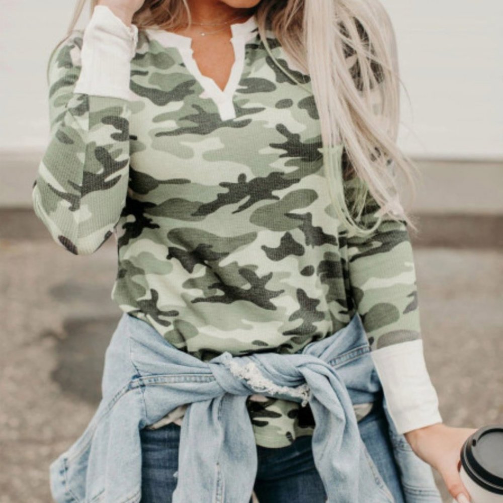 Cameron Notch Neck Camo Long Sleeve Thermal Top - Picture 1 of 5
